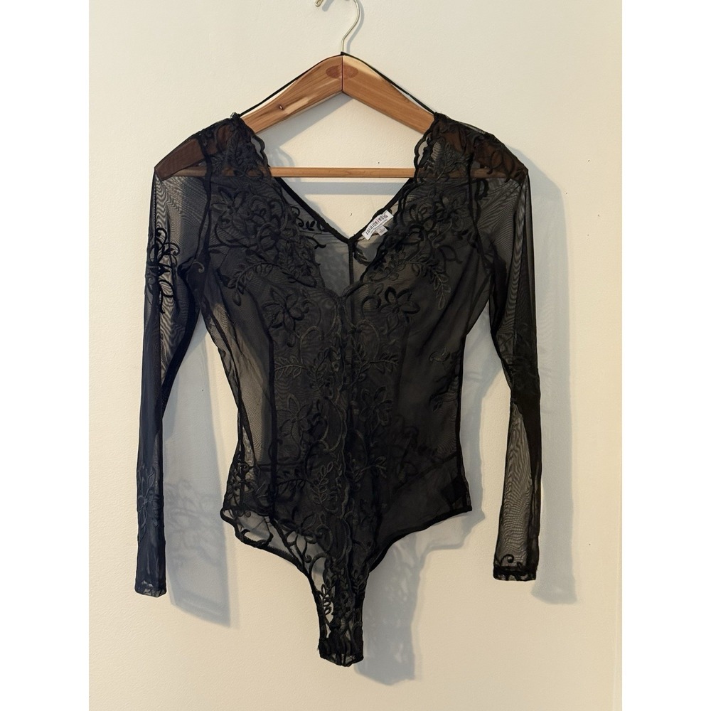 Fashion Nova Black Sheer Floral Mesh Long Sleeve Bodysuit Wom Size L Whimsy goth